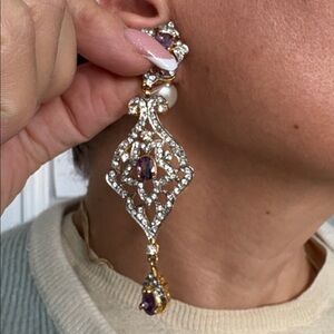 Elegant Gold and Silver Drop Earrings with Purple Accents